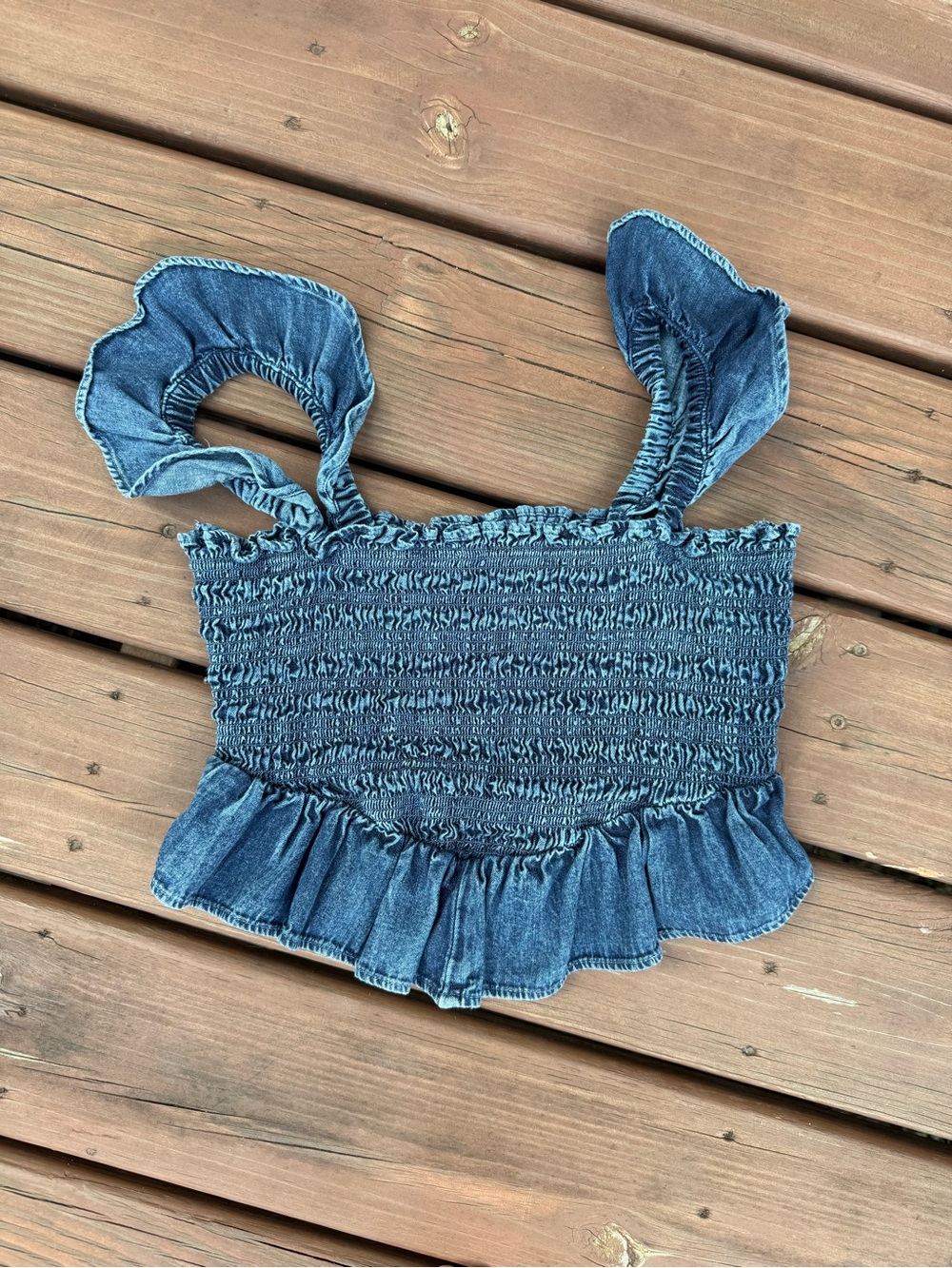 American Eagle Indigo Smocked Denim Crop Top